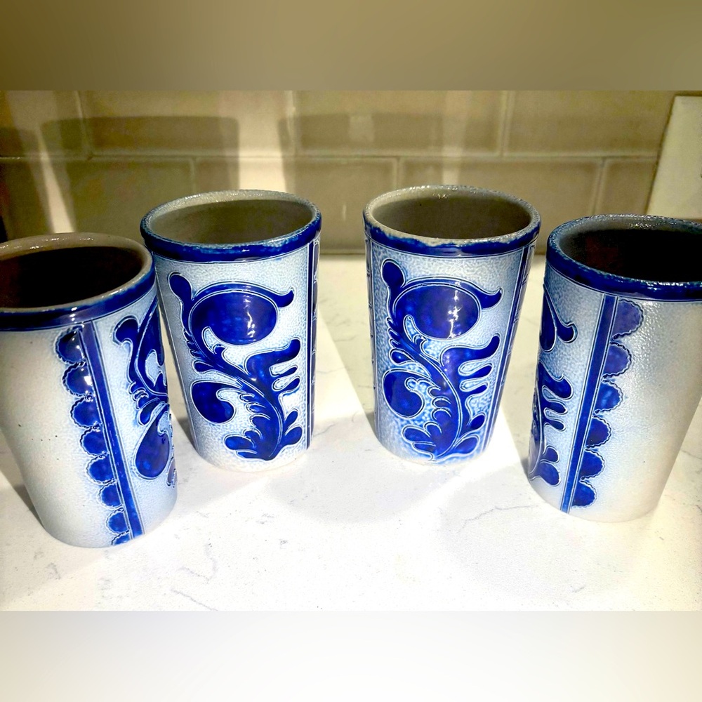 Reinhold Merkelbach Hohr Grenzhausen German Salt Glaze Beaker Glasses Blue Gray